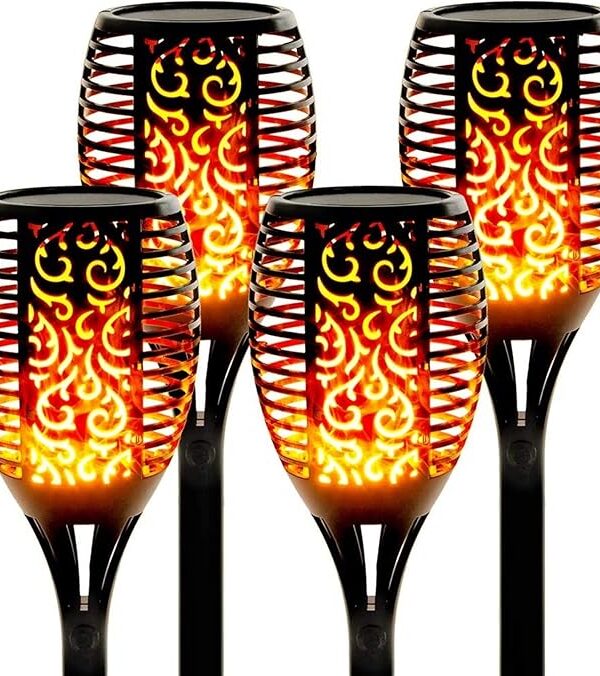 Lot de 4 lampes solaires en forme de flammes LED automatique pour la décoration, cour et jardin